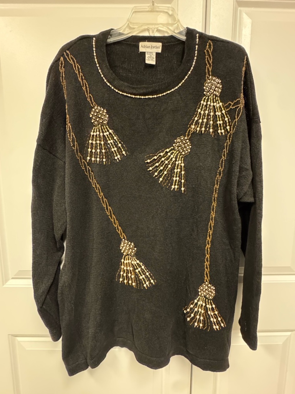 VTG Adrian Jordan Holiday Sweater Beaded Tassel Design Ramie/Cotton 2X Black